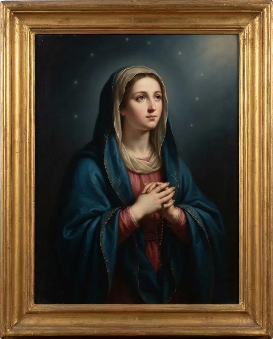 Representação devocional de Maria em manto azul, voltada para a luz de Cristo