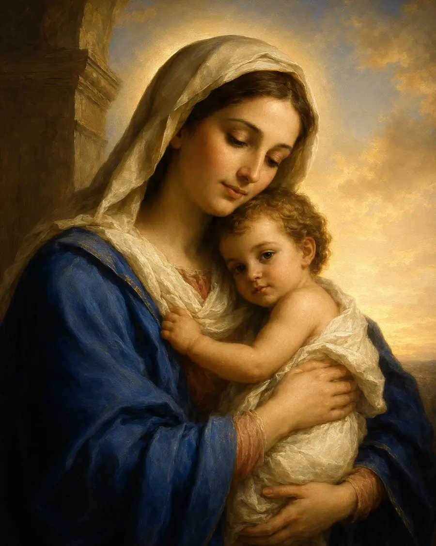 Nossa Senhora acolhendo o Menino Jesus em uma cena serena