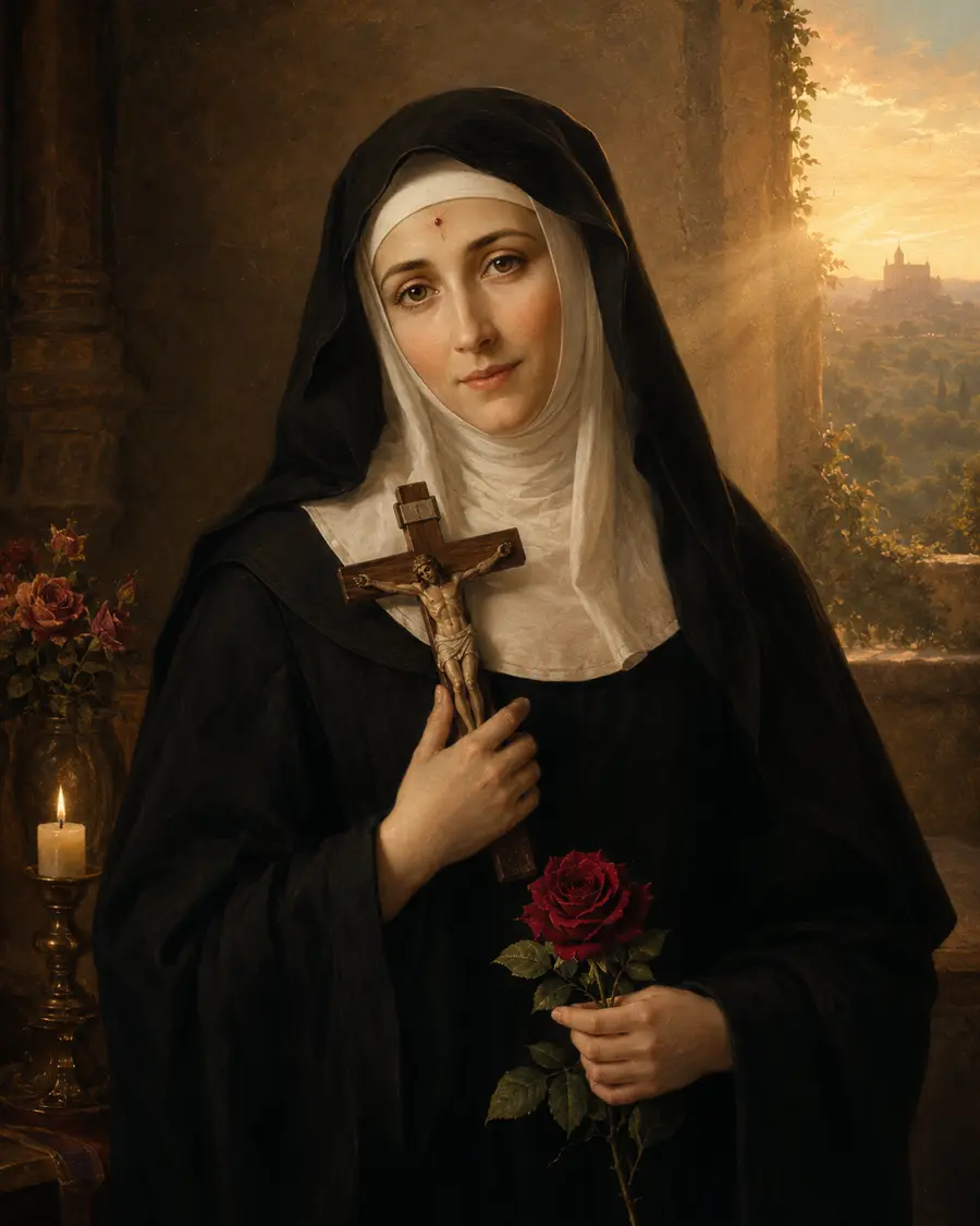 Santa Rita de Cássia com o crucifixo e uma rosa