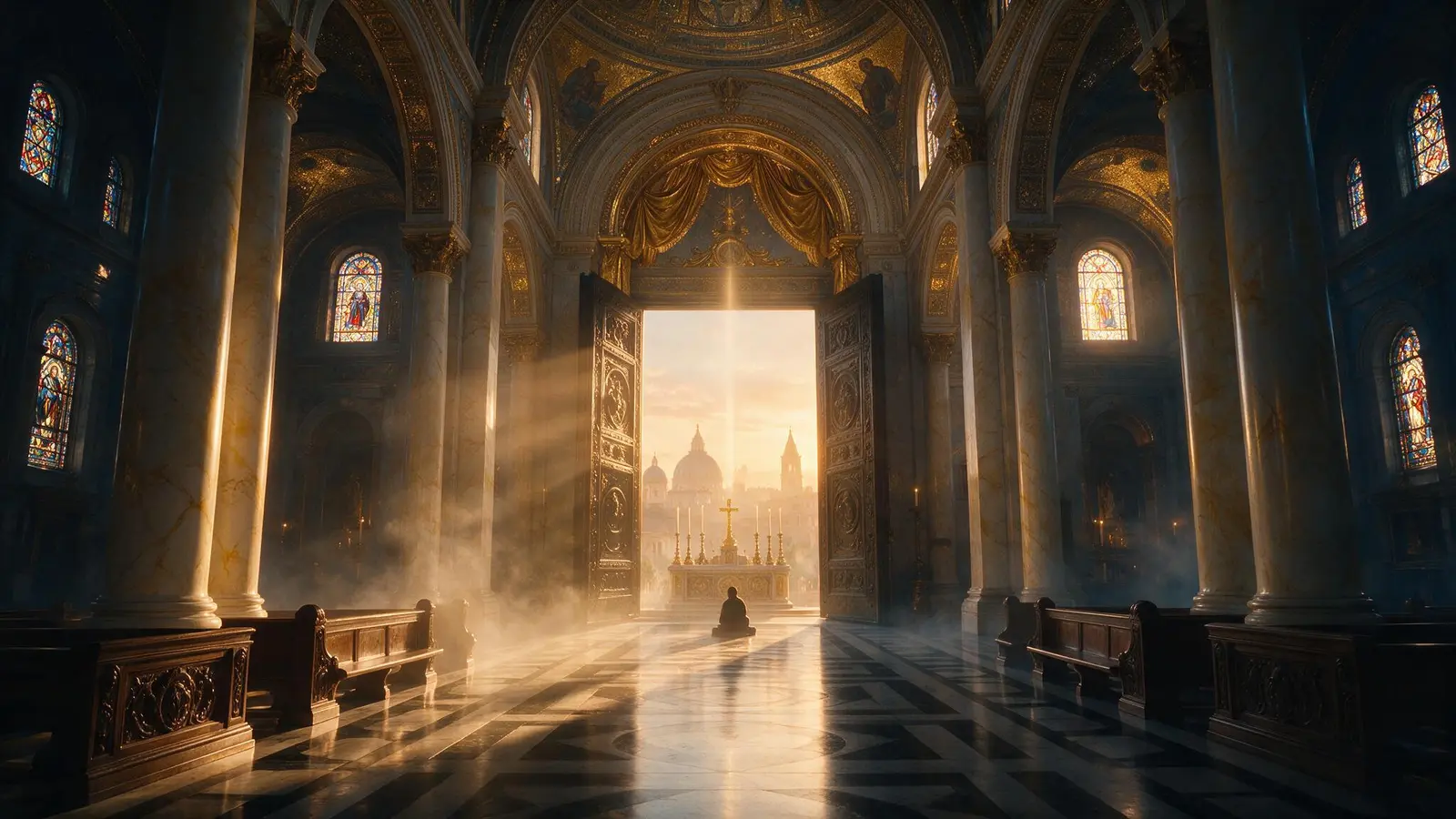Interior de um santuário iluminado pelo amanhecer
