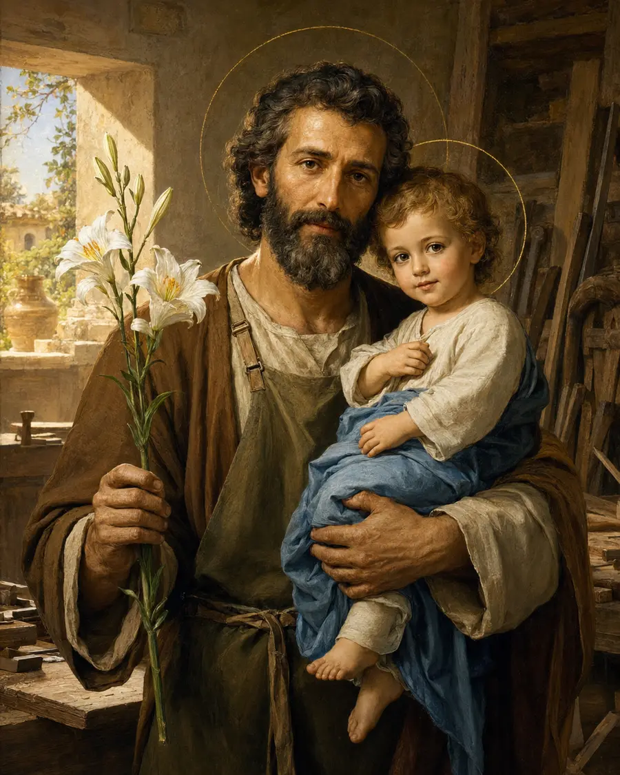 São José segurando o Menino Jesus e lírios brancos